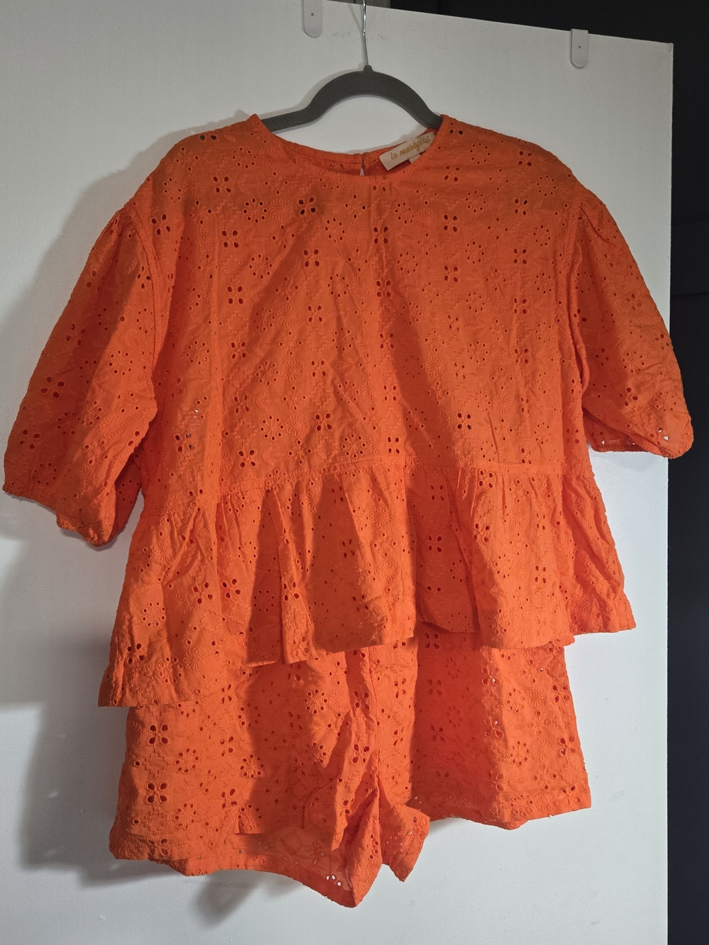 Women’s Orange Eyelet Peplum Blouse And Shorts - 2 Piece Set